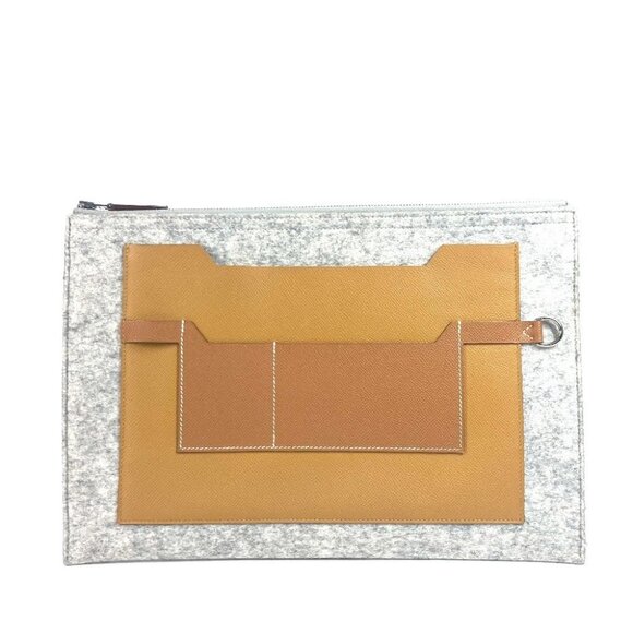 HERMES Bag Too Doo 37 Pouch Clutch bag felt / Leather gray/Brown - Picture 1 of 13